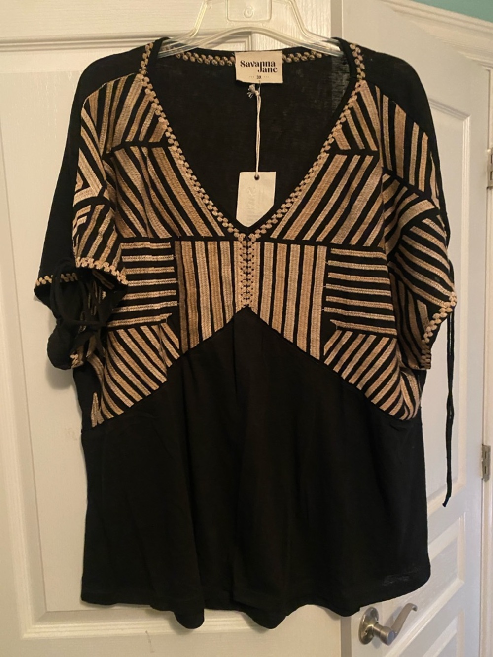 Savanna Jane Black & Gold V-Neck Embroidered Tunic Top